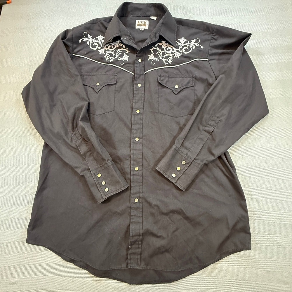 Ely Cattleman Mens Black Western Shirt Embroidered Snap Front Long Sleeve L 2603